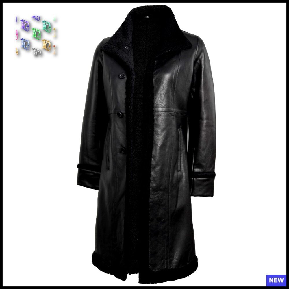Real Lambskin Leather Trench Coat Elegant Classic Shearling Lined Regular Fit
